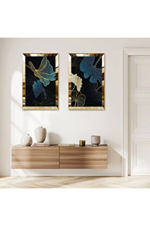 GOLD AYNALI PLEKSİ ÇERÇEVELİ SİYAH ARKA PLANLI ÇİÇEKLER İKİLİ MDF TABLO SETİ