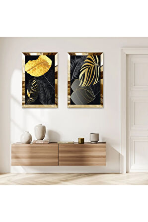 GOLD AYNALI PLEKSİ ÇERÇEVELİ DEKORATİF SİYAH ARKA PLANLI GOLD ÇİÇEK İKİLİ MDF TABLO SETİ