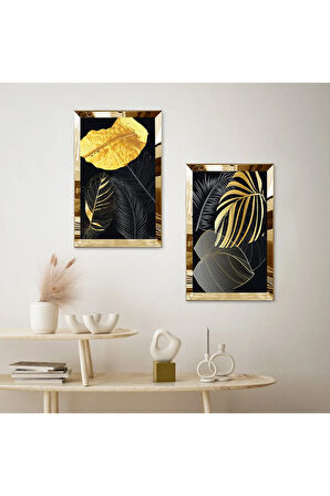 GOLD AYNALI PLEKSİ ÇERÇEVELİ DEKORATİF SİYAH ARKA PLANLI GOLD ÇİÇEK İKİLİ MDF TABLO SETİ
