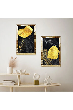 GOLD AYNALI PLEKSİ ÇERÇEVELİ SİYAH ARKA PLANLI DEKORATİF GOLD ÇİÇEK İKİLİ MDF TABLO SETİ