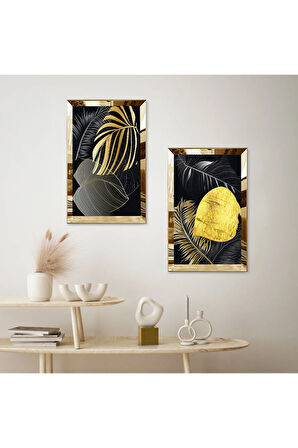 GOLD AYNALI PLEKSİ ÇERÇEVELİ SİYAH ARKA PLANLI GOLD ÇİÇEK İKİLİ MODERN MDF TABLO SETİ