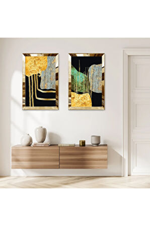 GOLD AYNALI PLEKSİ ÇERÇEVELİ SİYAH ARKA PLANLI SOYUT TAŞ İKİLİ MDF TABLO SETİ