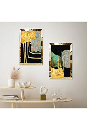 GOLD AYNALI PLEKSİ ÇERÇEVELİ SİYAH ARKA PLANLI SOYUT TAŞ İKİLİ MDF TABLO SETİ