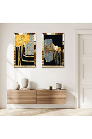 GOLD AYNALI PLEKSİ ÇERÇEVELİ SİYAH ARKA PLANLI DEKORATİF SOYUT TAŞ İKİLİ MDF TABLO SETİ