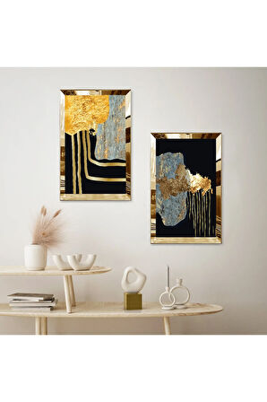 GOLD AYNALI PLEKSİ ÇERÇEVELİ SİYAH ARKA PLANLI DEKORATİF SOYUT TAŞ İKİLİ MDF TABLO SETİ