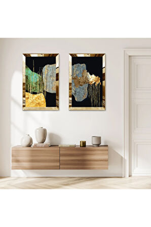 GOLD AYNALI PLEKSİ ÇERÇEVELİ SİYAH ARKA PLANLI MODERN SOYUT TAŞ İKİLİ MDF TABLO SETİ