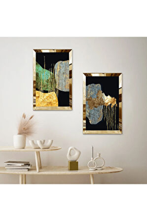 GOLD AYNALI PLEKSİ ÇERÇEVELİ SİYAH ARKA PLANLI MODERN SOYUT TAŞ İKİLİ MDF TABLO SETİ