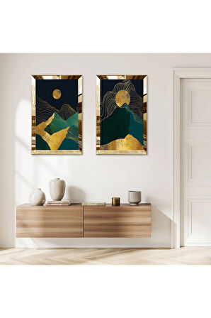 GOLD AYNALI PLEKSİ ÇERÇEVELİ SOYUT GECE DAĞ MANZARALI MODERN İKİLİ MDF TABLO SETİ
