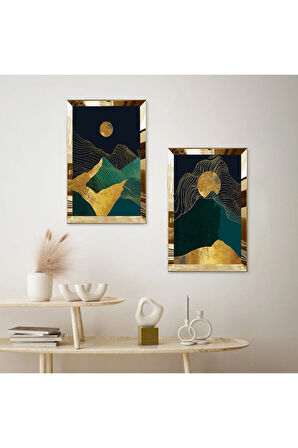 GOLD AYNALI PLEKSİ ÇERÇEVELİ SOYUT GECE DAĞ MANZARALI MODERN İKİLİ MDF TABLO SETİ