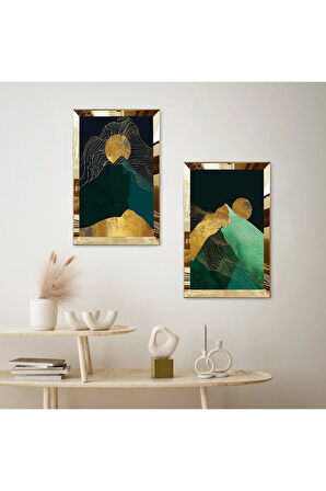 GOLD AYNALI PLEKSİ ÇERÇEVELİ SOYUT GECE DAĞ MANZARALI İKİLİ MDF TABLO SETİ