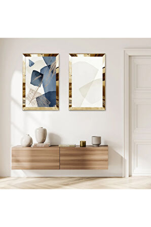GOLD AYNALI PLEKSİ ÇERÇEVELİ BEYAZ ARKA PLANLI MODERN MAVİ ÇİÇEK DEKORATİF İKİLİ MDF TABLO SETİ