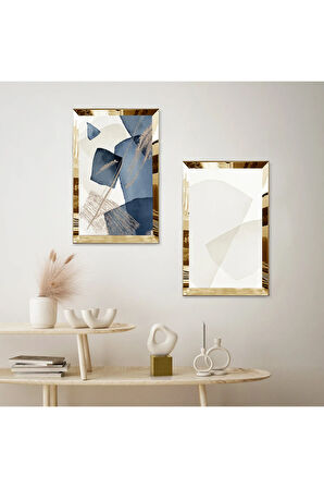 GOLD AYNALI PLEKSİ ÇERÇEVELİ BEYAZ ARKA PLANLI MODERN MAVİ ÇİÇEK DEKORATİF İKİLİ MDF TABLO SETİ