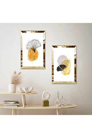 GOLD AYNALI PLEKSİ ÇERÇEVELİ BEYAZ ARKA PLANLI MODERN ÇİÇEK İKİLİ MDF TABLO SETİ