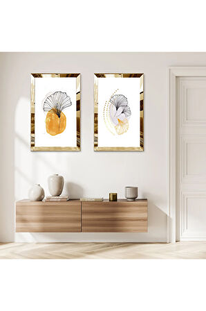 GOLD AYNALI PLEKSİ ÇERÇEVELİ DEKORATİF BEYAZ ARKA PLANLI ÇİÇEK İKİLİ MDF TABLO SETİ
