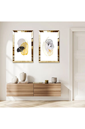 GOLD AYNALI PLEKSİ ÇERÇEVELİ MODERN BEYAZ ARKA PLANLI ÇİÇEK İKİLİ MDF TABLO SETİ