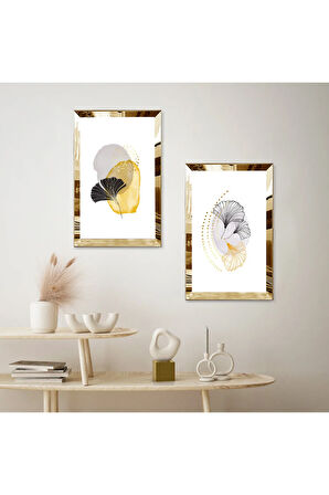 GOLD AYNALI PLEKSİ ÇERÇEVELİ MODERN BEYAZ ARKA PLANLI ÇİÇEK İKİLİ MDF TABLO SETİ