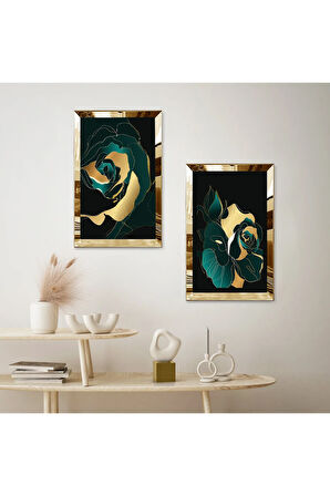 GOLD AYNALI PLEKSİ ÇERÇEVELİ SİYAH ARKA PLANLI MODERN GÜL İKİLİ MDF TABLO SETİ