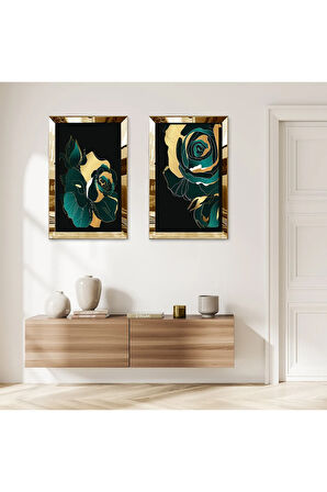 GOLD AYNALI PLEKSİ ÇERÇEVELİ SİYAH ARKA PLANLI GÜL İKİLİ MDF TABLO SETİ