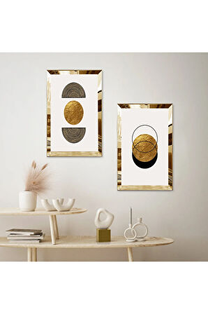 GOLD AYNALI PLEKSİ ÇERÇEVELİ MODERN BEYAZ ARKA PLANLI SOYUT ŞEKİLLER İKİLİ MDF TABLO SETİ