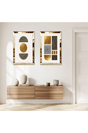GOLD AYNALI PLEKSİ ÇERÇEVELİ BEYAZ ARKA PLANLI DEKORATİF SOYUT ŞEKİLLER İKİLİ MDF TABLO SETİ
