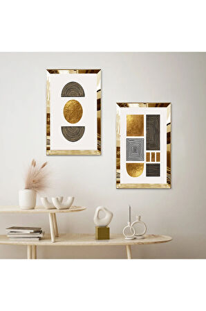 GOLD AYNALI PLEKSİ ÇERÇEVELİ BEYAZ ARKA PLANLI DEKORATİF SOYUT ŞEKİLLER İKİLİ MDF TABLO SETİ