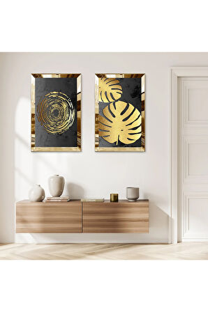 GOLD AYNALI PLEKSİ ÇERÇEVELİ SİYAH ARKA PLANLI GOLD ÇİÇEKLER İKİLİ MDF TABLO SETİ