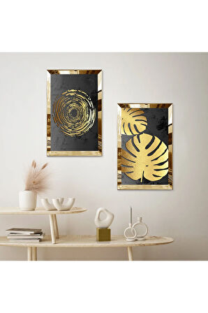 GOLD AYNALI PLEKSİ ÇERÇEVELİ SİYAH ARKA PLANLI GOLD ÇİÇEKLER İKİLİ MDF TABLO SETİ