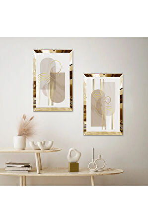 GOLD AYNALI PLEKSİ ÇERÇEVELİ BEYAZ ARKA PLANLI ŞEKİLLER MODERN İKİLİ MDF TABLO SETİ