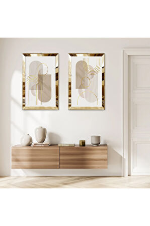 GOLD AYNALI PLEKSİ ÇERÇEVELİ BEYAZ ARKA PLANLI MODERN SOYUT ŞEKİLLER DEKORATİF İKİLİ MDF TABLO SETİ