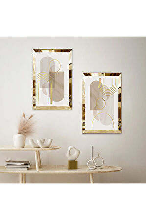 GOLD AYNALI PLEKSİ ÇERÇEVELİ BEYAZ ARKA PLANLI MODERN SOYUT ŞEKİLLER DEKORATİF İKİLİ MDF TABLO SETİ
