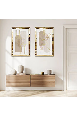 GOLD AYNALI PLEKSİ ÇERÇEVELİ DEKORATİF BEYAZ ARKA PLANLI ŞEKİLLER İKİLİ MDF TABLO SETİ