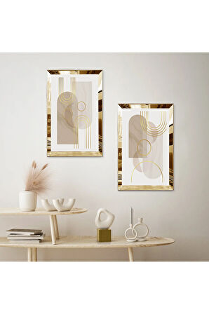 GOLD AYNALI PLEKSİ ÇERÇEVELİ DEKORATİF BEYAZ ARKA PLANLI ŞEKİLLER İKİLİ MDF TABLO SETİ