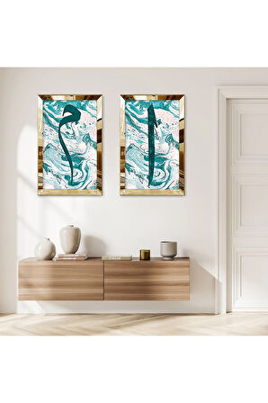 GOLD AYNALI PLEKSİ ÇERÇEVELİ BEYAZ ARKA PLANLI SU YEŞİLİ DESENLİ MODERN DİNİ İKİLİ MDF TABLO SETİ