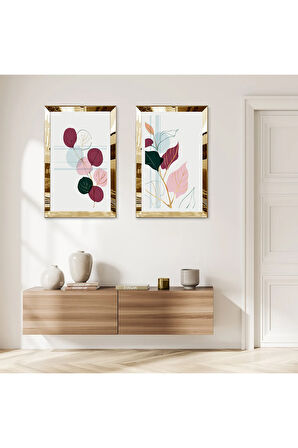 GOLD AYNALI PLEKSİ ÇERÇEVELİ BEYAZ ARKA PLANLI PEMBE MODERN ÇİÇEKLER İKİLİ MDF TABLO SETİ