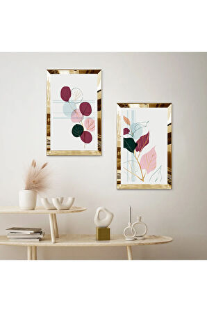 GOLD AYNALI PLEKSİ ÇERÇEVELİ BEYAZ ARKA PLANLI PEMBE MODERN ÇİÇEKLER İKİLİ MDF TABLO SETİ