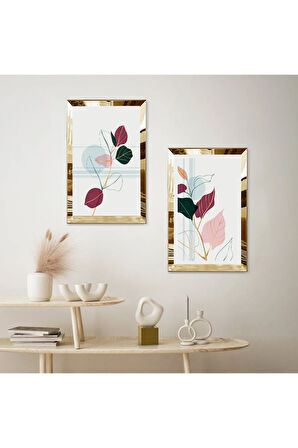 GOLD AYNALI PLEKSİ ÇERÇEVELİ BEYAZ ARKA PLANLI PEMBE ÇİÇEKLER İKİLİ MDF TABLO SETİ