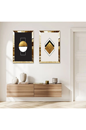 GOLD AYNALI PLEKSİ ÇERÇEVELİ SİYAH ARKA PLANLI MODERN SOYUT ŞEKİLLER İKİLİ MDF TABLO SETİ