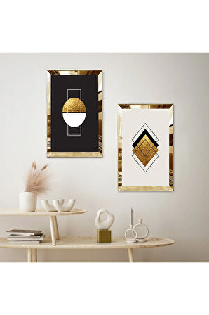 GOLD AYNALI PLEKSİ ÇERÇEVELİ SİYAH ARKA PLANLI MODERN SOYUT ŞEKİLLER İKİLİ MDF TABLO SETİ