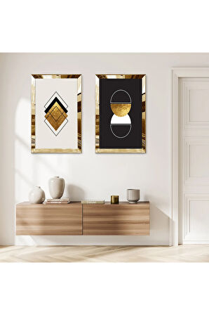 GOLD AYNALI PLEKSİ ÇERÇEVELİ SİYAH ARKA PLANLI MODERN DEKORATİF ŞEKİLLER İKİLİ MDF TABLO SETİ