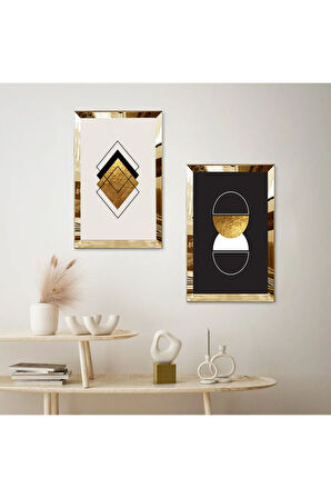 GOLD AYNALI PLEKSİ ÇERÇEVELİ SİYAH ARKA PLANLI MODERN DEKORATİF ŞEKİLLER İKİLİ MDF TABLO SETİ