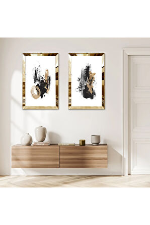 GOLD AYNALI PLEKSİ ÇERÇEVELİ BEYAZ ARKA PLANLI DEKORATİF SOYUT FIRÇA İZLERİ İKİLİ MDF TABLO SETİ