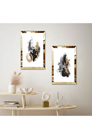 GOLD AYNALI PLEKSİ ÇERÇEVELİ BEYAZ ARKA PLANLI DEKORATİF SOYUT FIRÇA İZLERİ İKİLİ MDF TABLO SETİ