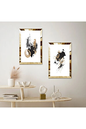 GOLD AYNALI PLEKSİ ÇERÇEVELİ BEYAZ ARKA PLANLI MODERN SOYUT FIRÇA İZLERİ İKİLİ MDF TABLO SETİ