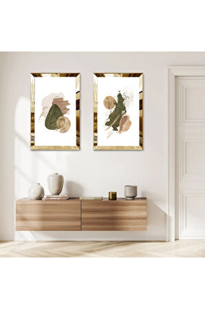 GOLD AYNALI PLEKSİ ÇERÇEVELİ BEYAZ ARKA PLANLI KOYU YEŞİL MODERN SOYUT ŞEKİLLER İKİLİ MDF TABLO SETİ