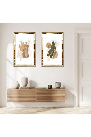 GOLD AYNALI PLEKSİ ÇERÇEVELİ BEYAZ ARKA PLANLI KOYU YEŞİL SOYUT ŞEKİLLER İKİLİ MDF TABLO SETİ