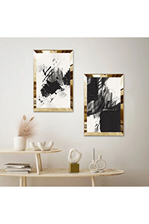 GOLD AYNALI PLEKSİ ÇERÇEVELİ BEYAZ ARKA PLANLI MODERN SİYAH FIRÇA İZLERİ İKİLİ MDF TABLO SETİ