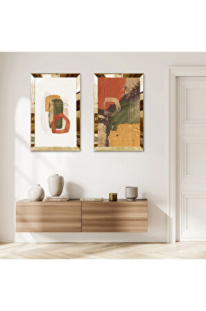 GOLD AYNALI PLEKSİ ÇERÇEVELİ BEYAZ ARKA PLANLI MODERN TURUNCU SOYUT ŞEKİLLER İKİLİ MDF TABLO SETİ
