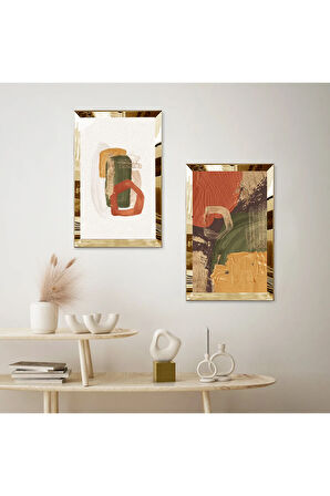 GOLD AYNALI PLEKSİ ÇERÇEVELİ BEYAZ ARKA PLANLI MODERN TURUNCU SOYUT ŞEKİLLER İKİLİ MDF TABLO SETİ