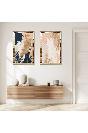 GOLD AYNALI PLEKSİ ÇERÇEVELİ MODERN RENKLİ ARKA PLANLI İKİLİ MDF TABLO SETİ