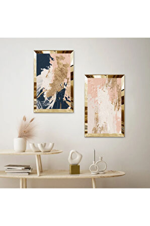 GOLD AYNALI PLEKSİ ÇERÇEVELİ MODERN RENKLİ ARKA PLANLI İKİLİ MDF TABLO SETİ